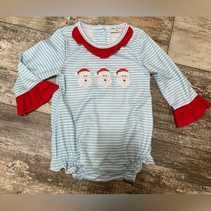 Abby & Evie Girl's Boutique Blue Christmas Santa Embroidered Bubble Romper 9 mo